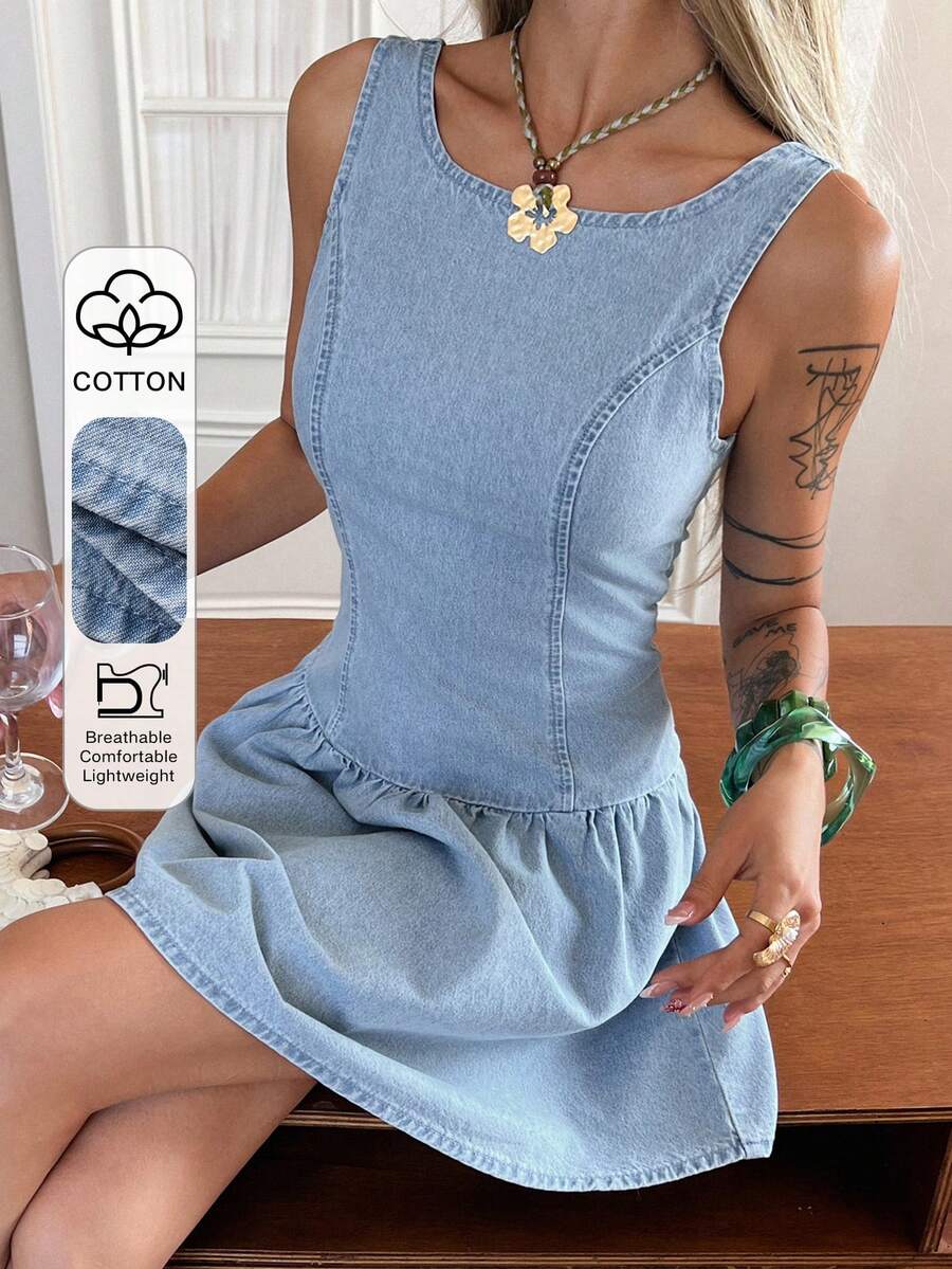 DAZY Vestido corto de verano para mujer con escote de barco, espalda descubierta, sin mangas, tirantes y cintura ceñida, vestido casual de mezclilla para el sol - Lavado ligero - Ver 1