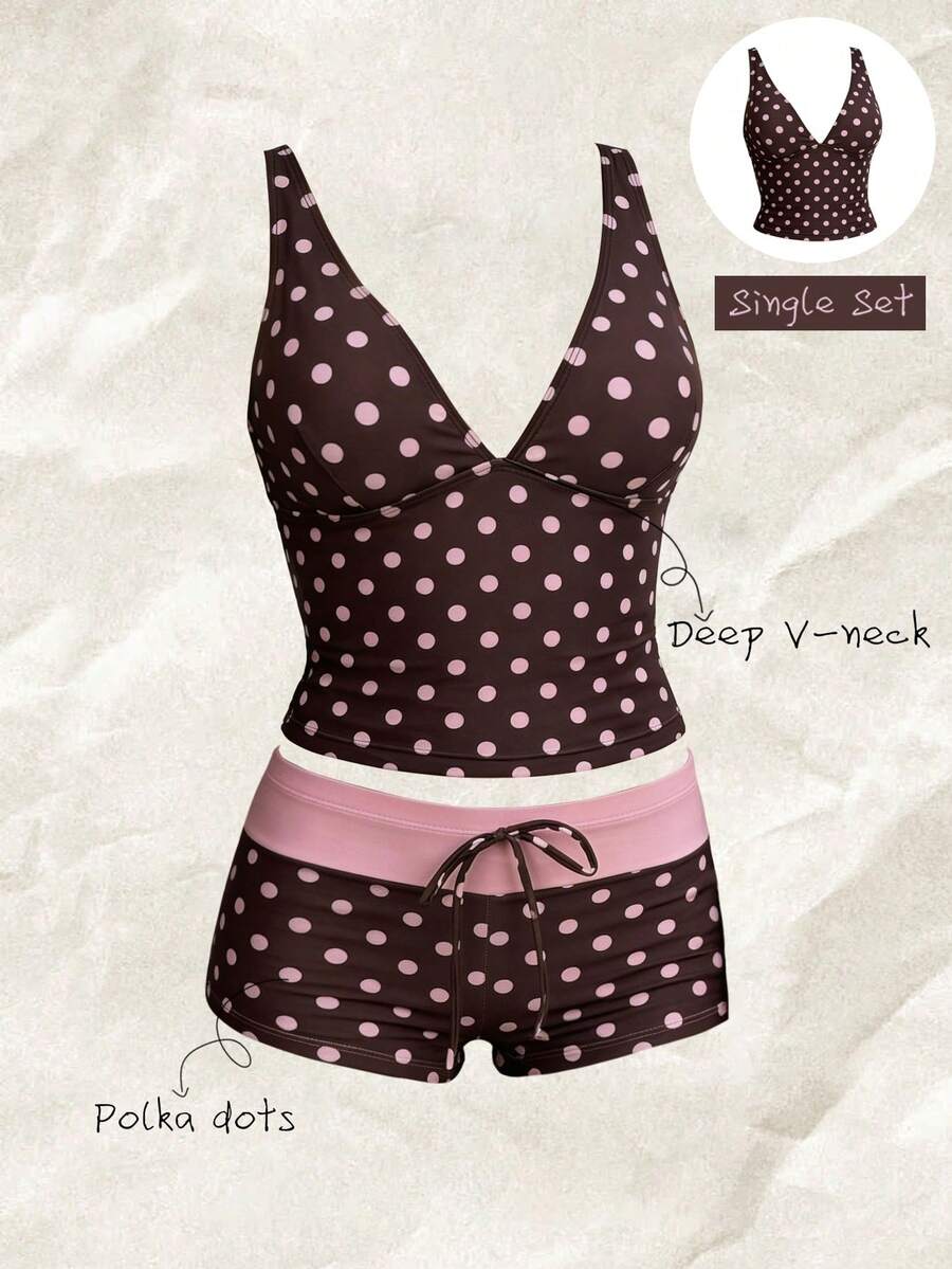 Elavelle Áo bikini hai dây cổ chữ V sâu, họa tiết ngẫu nhiên, dành cho nữ, thích hợp cho mùa xuân/hè. - Nhiều màu - Xem 1