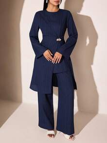 Veilorie Women's Elegant Solid Color Round Neck Long Sleeve Top And Pants 2 Pieces Set - Blue - View 7