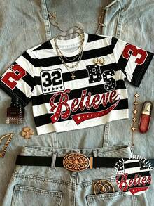 Glimmora Women's Casual Striped Letter Print Cropped T-Shirt, Summer - Multicolor - View 7