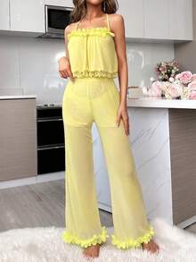 Côtesoire Bộ đồ gồm áo hai lớp chiffon và quần ống rộng, trang trí họa tiết hoa 3D. - Màu vàng - Xem 4