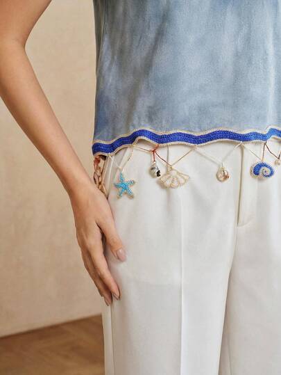 Anewsta Áo thun nữ tay ngắn cổ tròn, vạt bất đối xứng, họa tiết sao biển và vỏ sò, viền bèo nhún, phong cách thường ngày, thích hợp cho kỳ nghỉ hè/xuân.