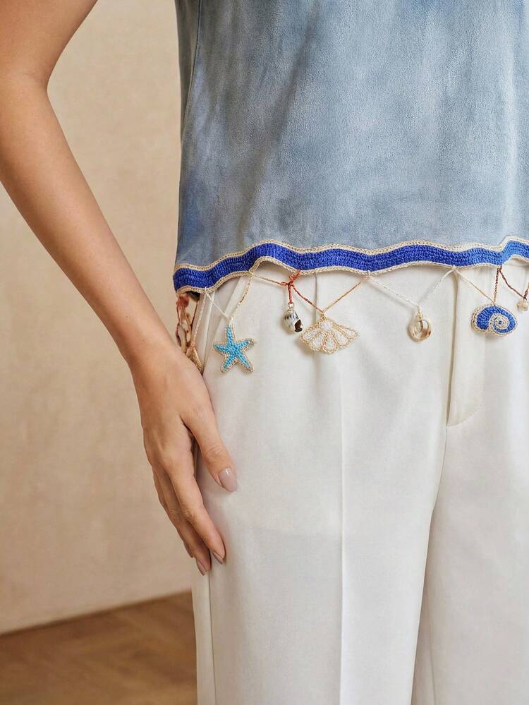 Spring/Summer New Casual Beach Vacation Style Round Neck Short Sleeve Asymmetrical Asymmetric Hem Starfish & Shell Pendant Decor Ruffle Trim Women Short T-Shirt