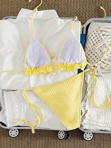 Swim Mod 女士纹理面料花卉装饰荷叶边26SS新款优雅性感比基尼两件套泳衣，沙滩节日派对假日风格比基尼，黄色花朵比基尼沙滩装花卉比基尼 - 黃色 - 查看 8