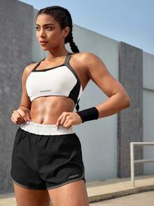 Powerista Women's Letter Print Contrast Color Cropped Cami Top And Shorts Sport Suit Workout Women Sets - Black and White - View 8