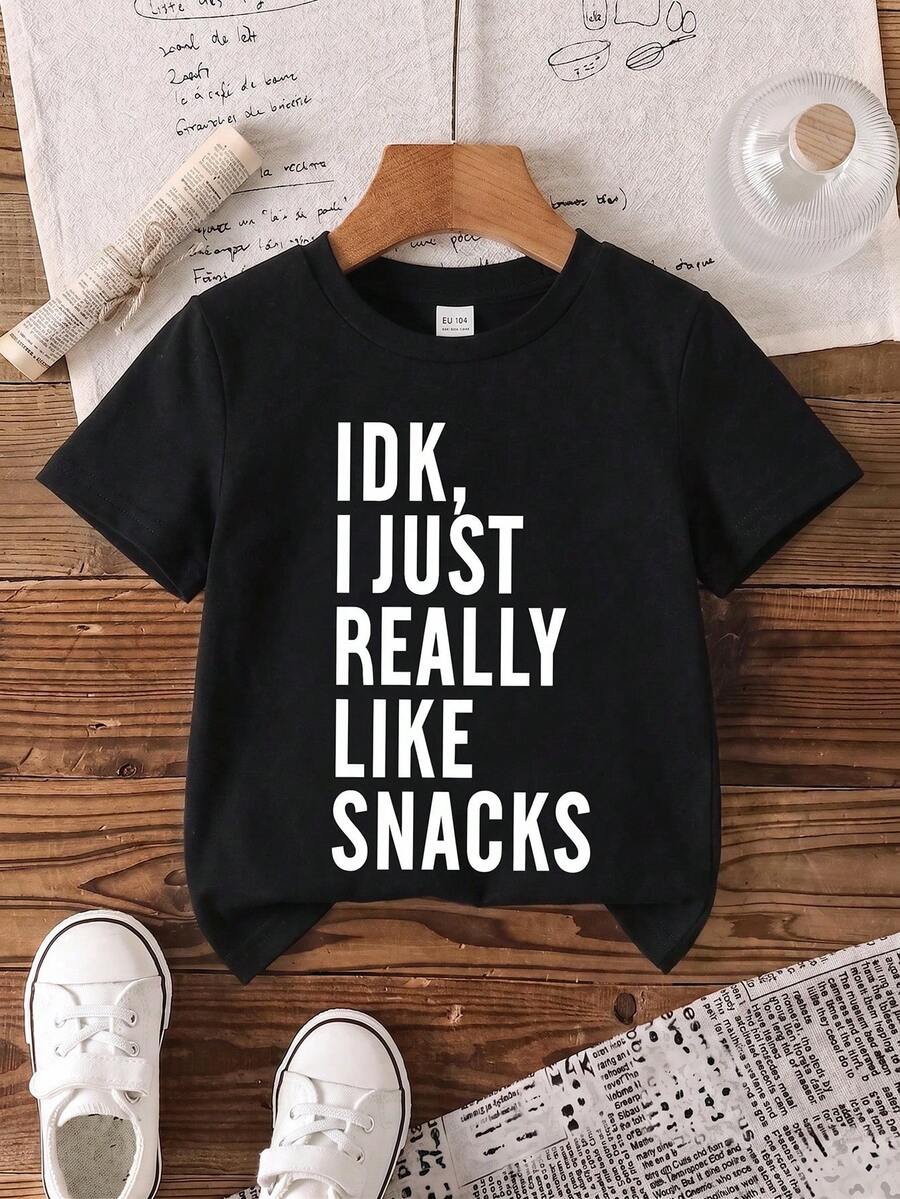 SHEIN 1pc Young Boy Fashion Casual Slogan Print Round Neck Basic Short Sleeve T-Shirt - Black - View 1