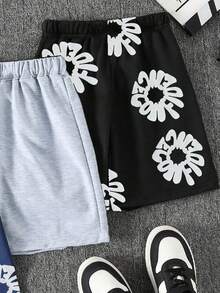 3pcs Tween Boy Shorts Set,Sky Blue,Summer,Alt,Casual,Hiking Comfort Fashion Colorblock Floral Print Shorts For Sports,Outings,Vacation,School Wear - Multicolor - View 3