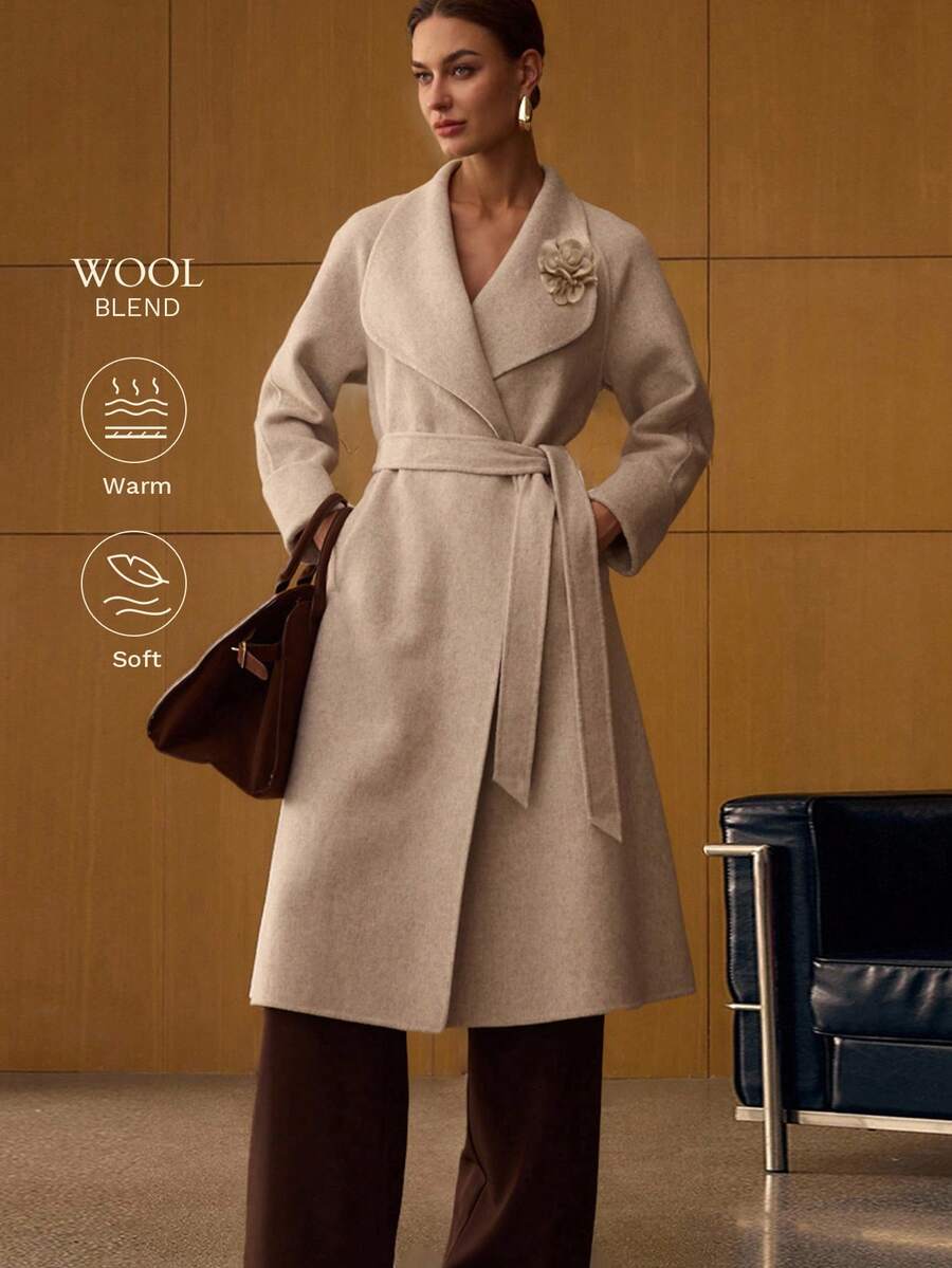 MOTF PREMIUM WOOL WATERFALL COLLAR BELTED OVERCOAT - Beige - View 2