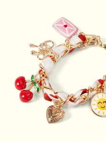 Popjeli 1 Pc Braided Rope Beach Ocean Vacation Chain Cherry Love Fruit Strawberry Bow Pendant Adjustable Women's Bracelet,Y2K/Cute/Colorful/Chic,For Mom/Women/Girl/Mother,Summer/Beach/Prom/Part/Vacation/Travel,PINK,Heart - B76 - View 5