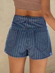 DAZY Cotton Striped Casual Vacation Women's Denim Shorts - Blue - View 2