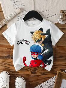 Miraculous Ladybug X SHEIN 女童圆领卡通字母印花休闲百搭日常短袖T恤 - 白色 - 查看 1