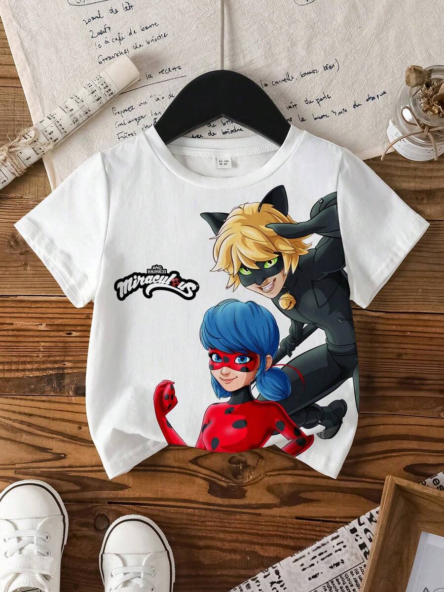Miraculous Ladybug X SHEIN 女童圆领卡通字母印花休闲百搭日常短袖T恤 - 白色 - 查看 1