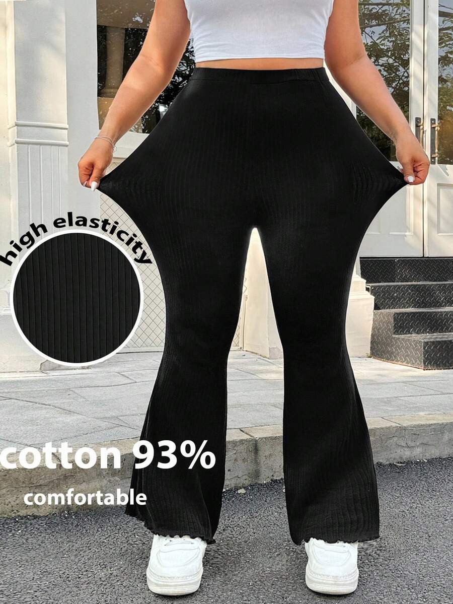 SHEIN PETITE CURVE Quần ống loe đen dáng rộng dành cho nữ cỡ lớn, chất liệu co giãn, thích hợp mặc mùa hè, quần ống loe gân, quần legging viền bèo nhún, quần legging ống loe nữ. - màu đen - Xem 1