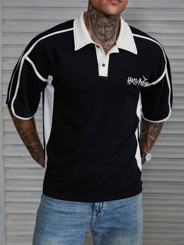 Collabo Letter Print Contrast Color Design Black & White Men's Polo Shirt, Short Sleeve