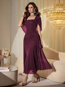 Modelyn Elegant Mesh Shiny Strapless Shawl Sleeve Fitted Long Dress For Women, Spring & Autumn - Red Violet - View 3