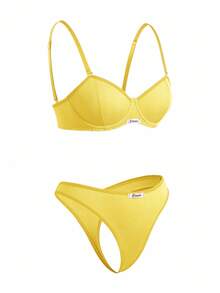 Chillnights Set de 2 sujetadores para mujer con aros, copa media, elevación y recogida, minimalista, cómodo, con alta elasticidad y alto soporte - Amarillo - Ver 3