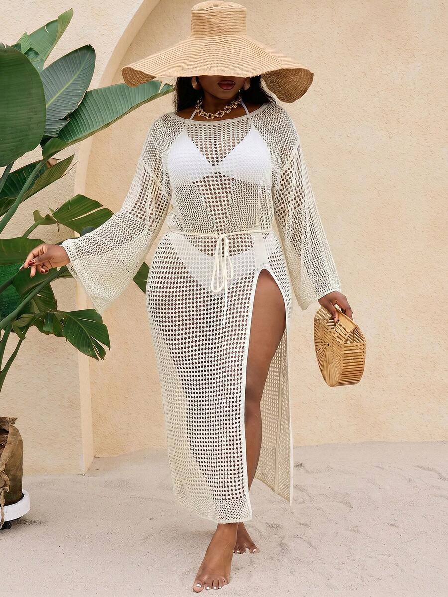 SHEIN Swim Plus Size Women Vacation Slit Knitted Crochet Long Cover Up Dress Beach Vacation Beige Summer Sexy - Apricot - View 1