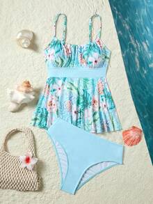 Swim Lushoire Bộ bikini hai mảnh in họa tiết dành cho nữ, thích hợp cho kỳ nghỉ, tiệc tùng, đi biển, gồm hai dây đeo mảnh và cúp ngực tròn. - Nhiều màu - Xem 2