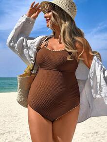 SHEIN Maternity Floral Trim One-Piece Swimsuit For Vacation - Brown - View 5