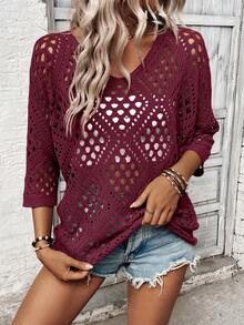 Breezaya Women's Loose Casual 3/4 Sleeve Hollow Out Knit Top - Burgundy - View 3