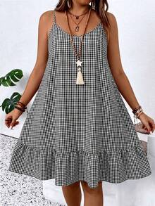 Weeklong Plus Size Women Plaid Ruffle Hem Casual Strap Dress - Black and White - View 3