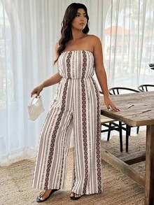 Weeklong Plus Size Women's Geometric Print Halter Jumpsuit, Waist Cinched, Beach/Resort Style, Spring/Summer - Multicolor - View 4