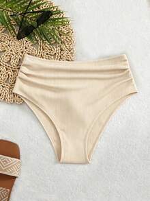 Shapewave Women's Summer Casual Vacation Ribbed High Waist Shorts, Tummy Control Black Swimwear Bottom - Apricot - View 6
