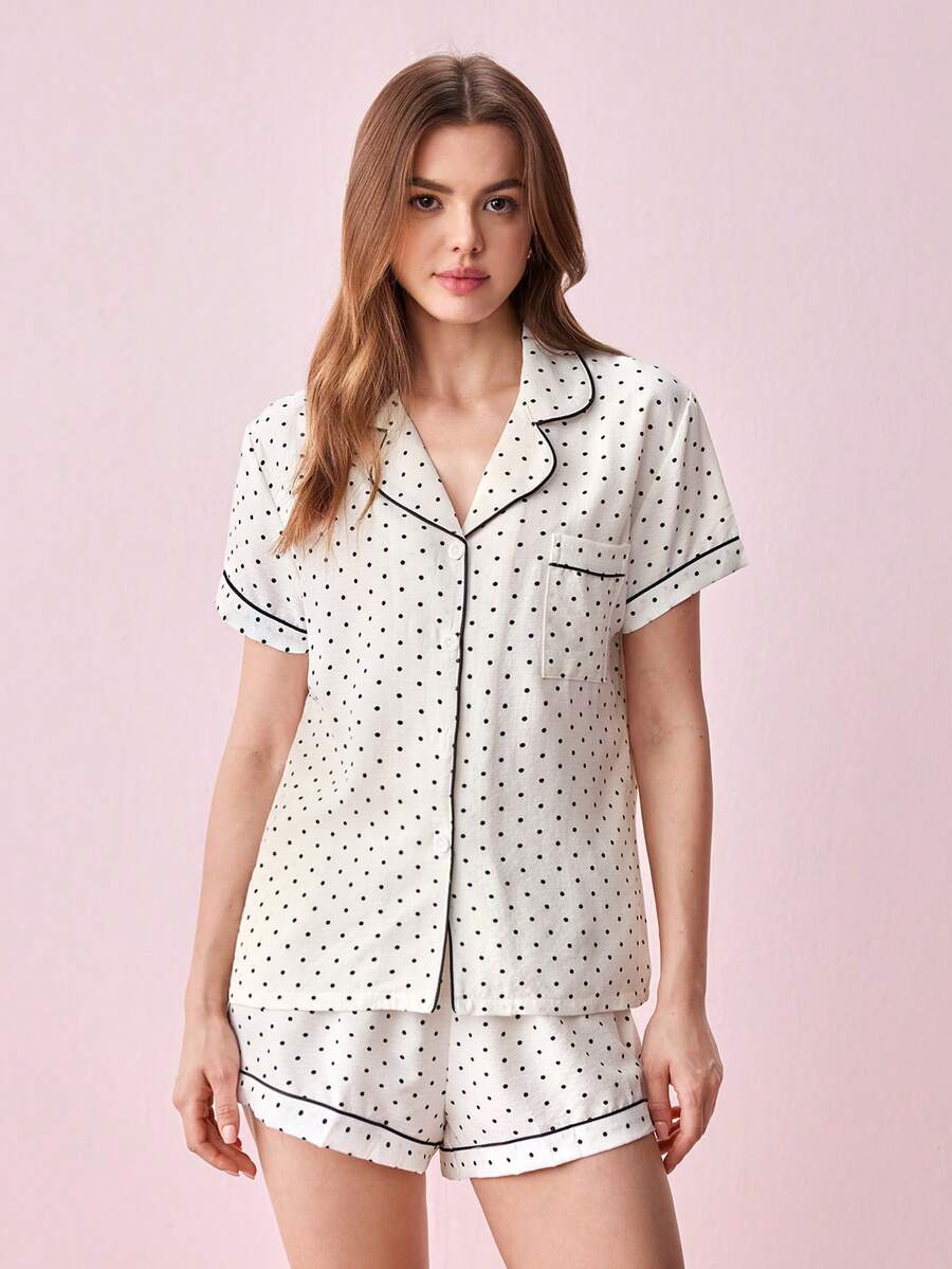 Bonmuse [Elegant Fields]2pcs/Set Women's Mini Polka Dot Printed Pajama Set With Contrast Trim Button-Down Shirt And Bowknot Shorts, Perfect For Home Wear In Summer White Set,Two Pieces Setfor Summer - White - View 1