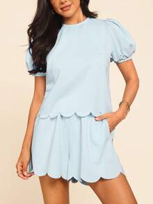 Coeurva Women's Solid Color Woven Loose Shirt & Shorts 2 Pieces Set, Spring/Summer,Summer Outfits For Women - Baby Blue - View 5