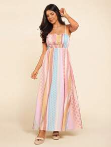 Coeurva Women's Summer Beach Vacation Style Patchwork Print Cinching Waist Cami Dress - Multicolor - View 6