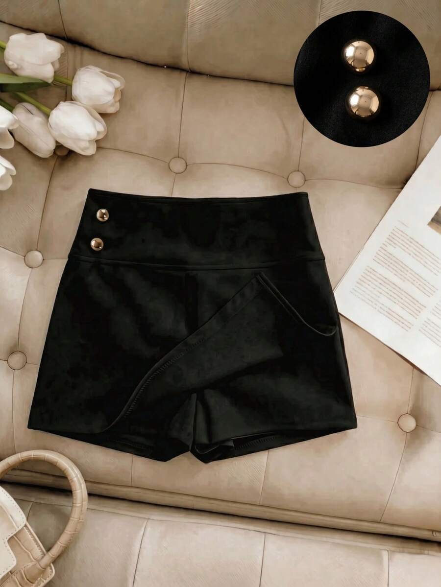 Franclia Women's Solid Color Metal Button Waist Design Casual Skorts - Black - View 1