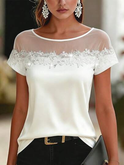 Balvessa Women's Summer Short Sleeve Mesh Patchwork White Lace Scoop Neck Knit Shiny Elastic Casual Party Holiday T-Shirt