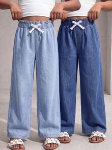 2 chiếc quần jean denim dáng rộng, cạp chun, kiểu dáng tối giản, đa năng cho bé gái, thích hợp mặc hàng ngày và đi làm. - Màu xanh lam - Xem 1