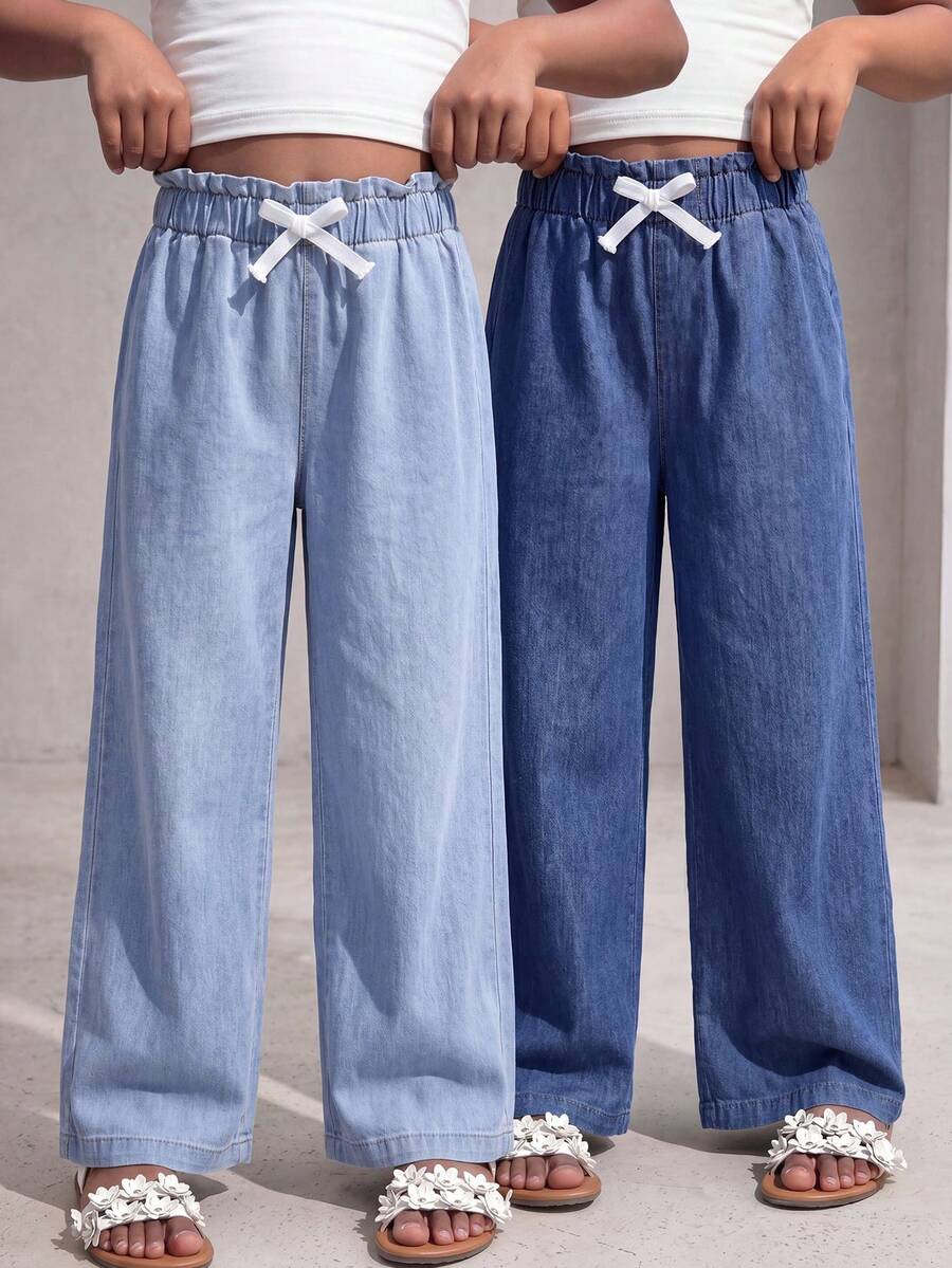 2 chiếc quần jean denim dáng rộng, cạp chun, kiểu dáng tối giản, đa năng cho bé gái, thích hợp mặc hàng ngày và đi làm. - Màu xanh lam - Xem 1