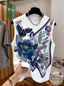 SHEIN Clasi Áo kiểu nữ cổ tròn thêu hoa, thích hợp cho các dịp thường ngày, đi làm, hẹn hò, dự tiệc, ở nhà, đi chơi, uống trà chiều, nghỉ mát biển và nhiều dịp khác. - trắng - Xem 1