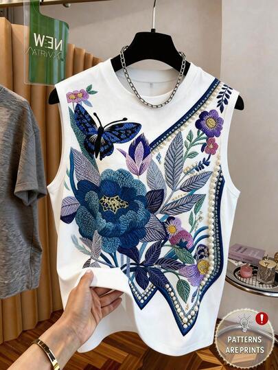 SHEIN Clasi Blusa de cuello redondo con bordado floral, adecuada para uso casual, ir al trabajo, citas, fiestas, en casa, salidas, té de la tarde, vacaciones en la playa y diversas ocasiones