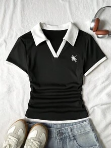 SHEIN Tween Girls Casual Knit Contrast Color Block Crew Neck Fitted T-Shirt With Small Logo Embroidery, Suitable For Spring/Summer Back To School - Black and White - View 3