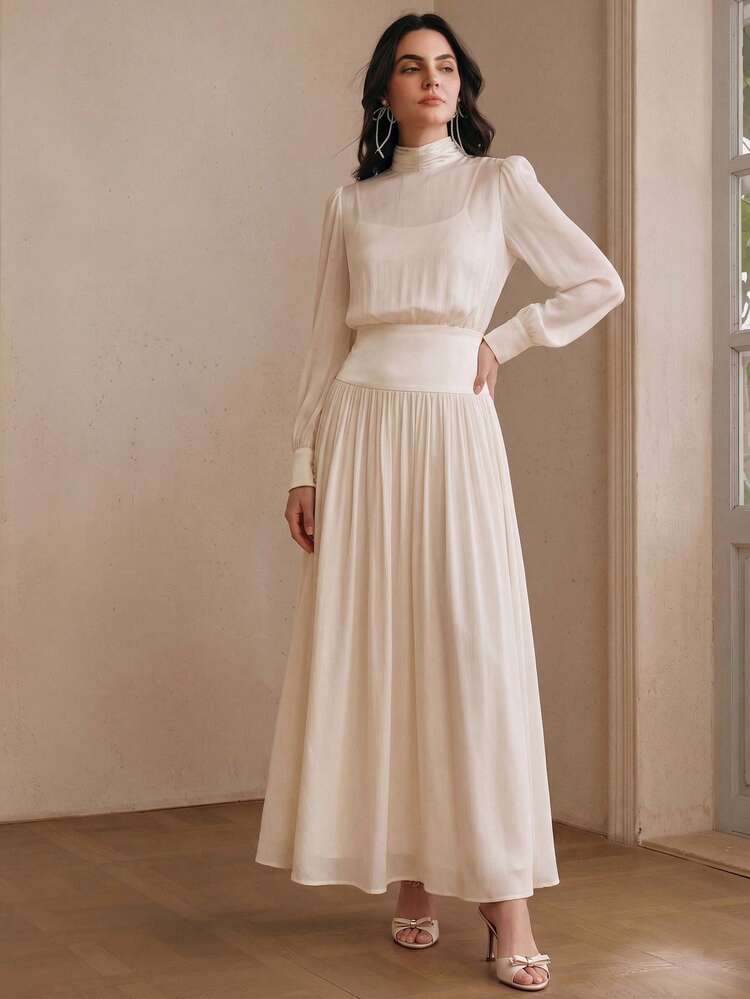 Women's Elegant Champagne Color Stand Collar Tie-Waist Dress, Fashionable & Minimalist, Spring/Summer