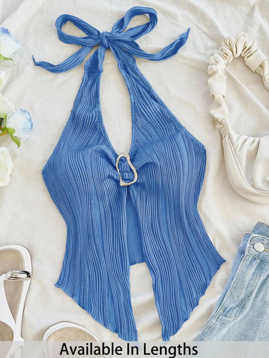 SHEIN Tall CURVE Blusa sin mangas de verano de unicolor con cuello halter, de moda y casual, talla grande - Azul - Ver 1