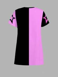 Tween Girl Numeric 67 Graphic, Cartoon Print, Purple & Black Colorblock, Short Sleeve Mid-Length Dress, Suitable For Summer - Multicolor - View 3