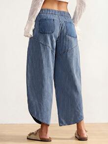 Bohemela Plus Size Casual Washed Striped Low-Waist Jeans Date Night Navy Blue Summer - Medium Wash - View 3