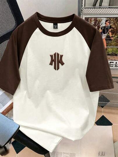 Manfinity Joysei Camiseta de manga raglán marrón talla estándar para hombre, diseño gráfico 3D, adecuada para el verano, minimalista y versátil