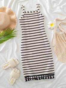 Emery Rose Kids Emery Rose Kids Đầm liền quần dệt kim kẻ sọc dáng rộng cho bé gái - Đen và trắng - Xem 2