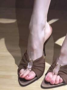 2026 Summer New Elegant Women's Sexy Fabric Ruffle Stiletto High Heel Mule Sandals, Suitable For Party & Outdoor Wear - Khaki - View 6