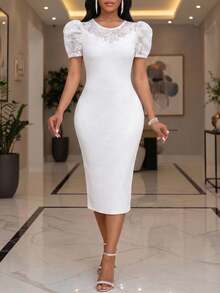 SHEIN Lady Đầm dự tiệc ôm dáng, thanh lịch, phối ren, tay phồng, xuyên thấu dành cho nữ, thích hợp cho mùa hè. - trắng - Xem 8