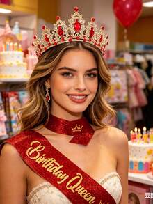 Conjunto de 2 peças: Tiara de Cristal Rainha e Faixa - Elegante Tiara de Princesa com Strass e Pentes, Faixa Dourada com Glitter para Mulheres, Meninas e Mães, Decoração de Festa de Aniversário, Material Escolar, Presente de Dia dos Namorados, Adereço para Sessão de Fotos e Acessórios de Cabelo - Vermelho - Ver 3