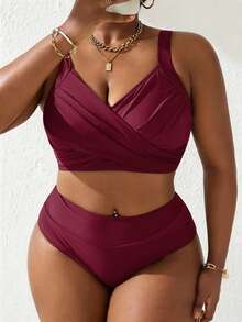 Slaydiva Bộ đồ bơi tankini 2 mảnh phối màu đen hồng nhún bèo dành cho nữ cỡ lớn, thích hợp cho kỳ nghỉ hè ở bãi biển. - Màu Đỏ Sâu - Xem 4