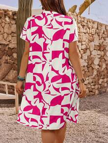 Rosumi Plus Size Women Summer Casual Geometric Print Short Sleeve Dress,Suitable For Summer, Vacation, Daily Wear,Dresses For Women,Flowy Dress ,Beach Outfits For Women,Casual Vacation Boho Dress, Casual Sundress, Women Vacation Dress,Summer Casual Vacation Dress,,Summer Holiday,Vacation Outfits Women,Simple And Fashionable For Everyday Wear,Vacay Vibes,Springbreak,Casual Wear SS,Bohemia,Sun Dresses For Women,Sundress - Hot Pink - View 3