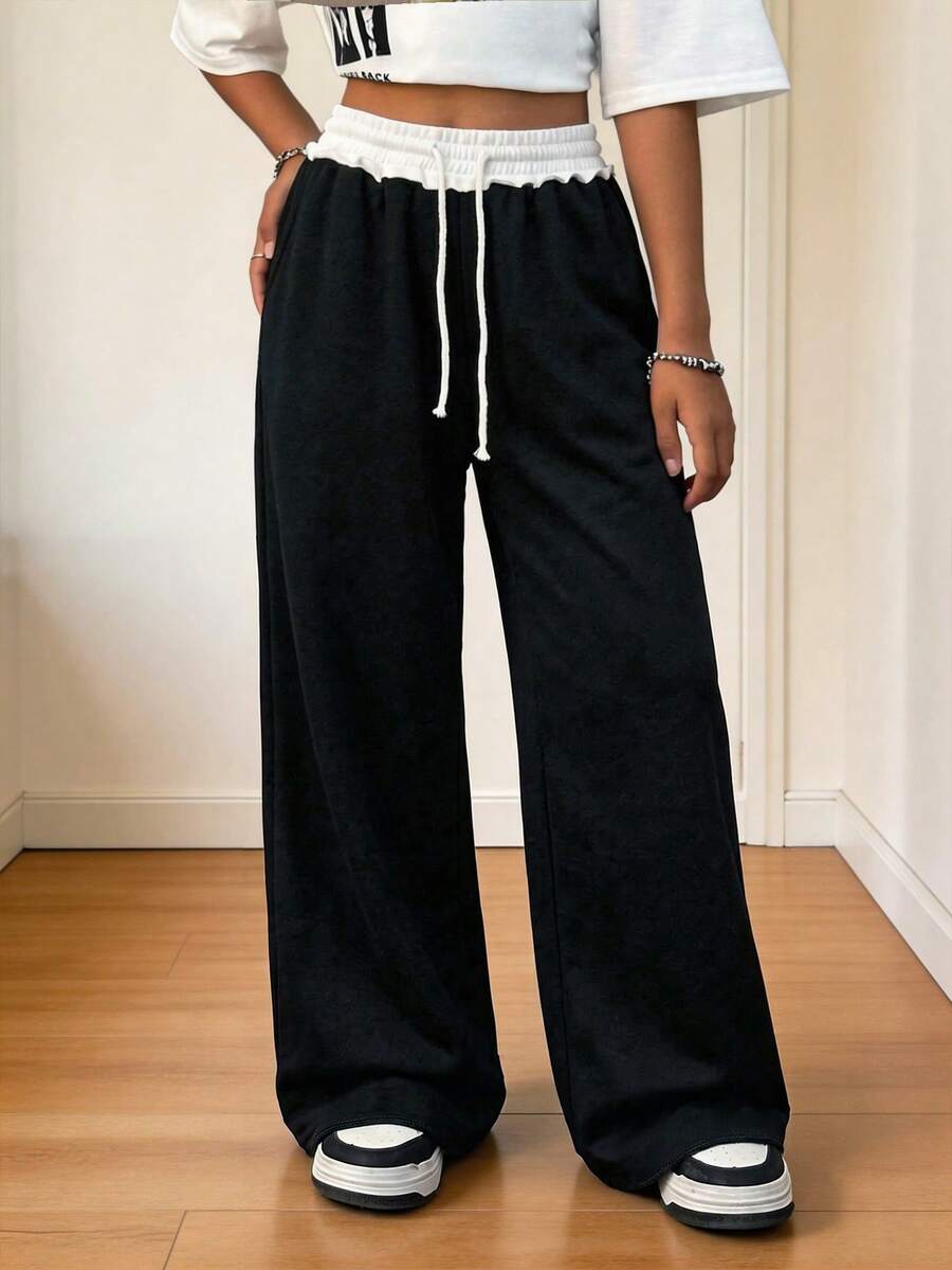 SHEIN Tween Girls' Loose Casual Minimalist Comfortable Mid-Waist Contrast Color Drawstring Decor Sweatpants, Autumn/Winter - Black - View 1