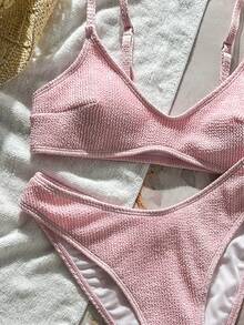 SHEIN Swim Mod Swim Mod-D Women's Jacquard Fabric Spaghetti Strap High Cut Bikini Set, Spring/Summer - Pink - View 5
